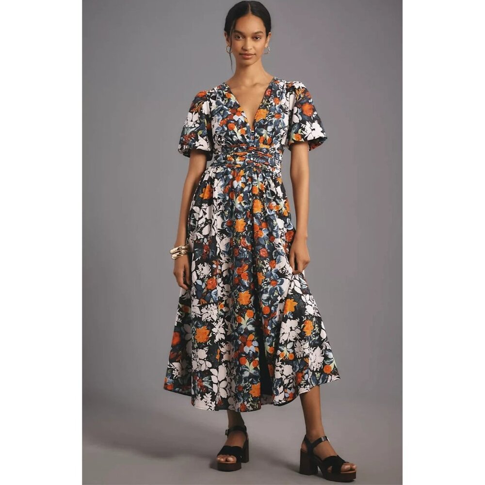 NWT Anthropologie Katerina Button-Front Midi in Black Floral Print Dress 1X